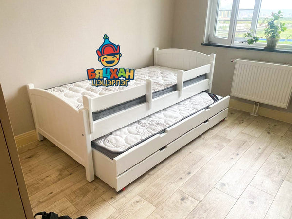 A white, modern-style bed frame designed to accommodate two beds in a small room, featuring a mechanism to lower and raise the beds.