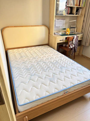 Mattress on a wooden bed frame in a room with a desk and shelves.