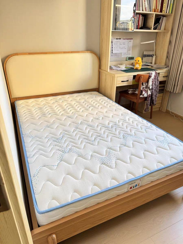 Mattress on a wooden bed frame in a room with a desk and shelves.