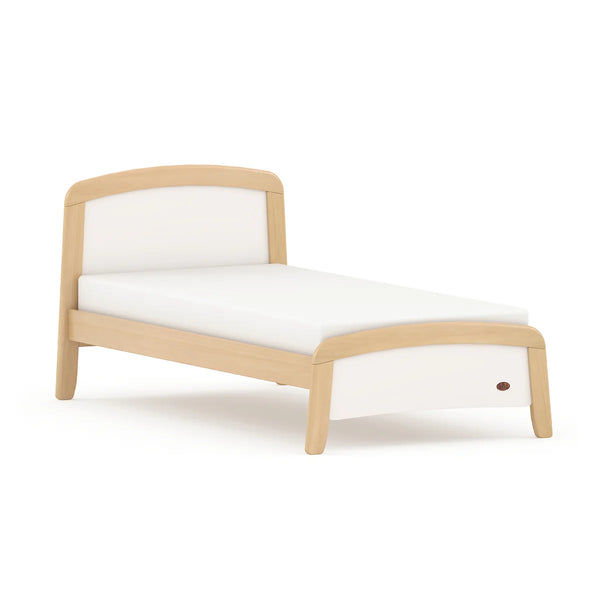 Wooden bed frame with white mattress on a white background