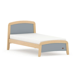Bed with wooden frame and gray panels on a white background
