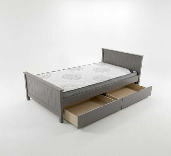 Gray bed frame with storage drawers on a white background