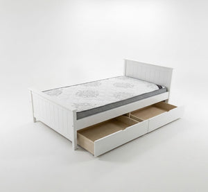 White bed frame with storage drawers on a white background