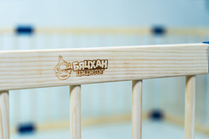 Wooden product with branding on a blurred background