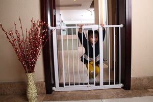 Child peeking through a baby gate in a home setting with decorative elements.