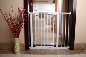 White baby gate installed in a doorway with decorative red branches in a vase on the left.