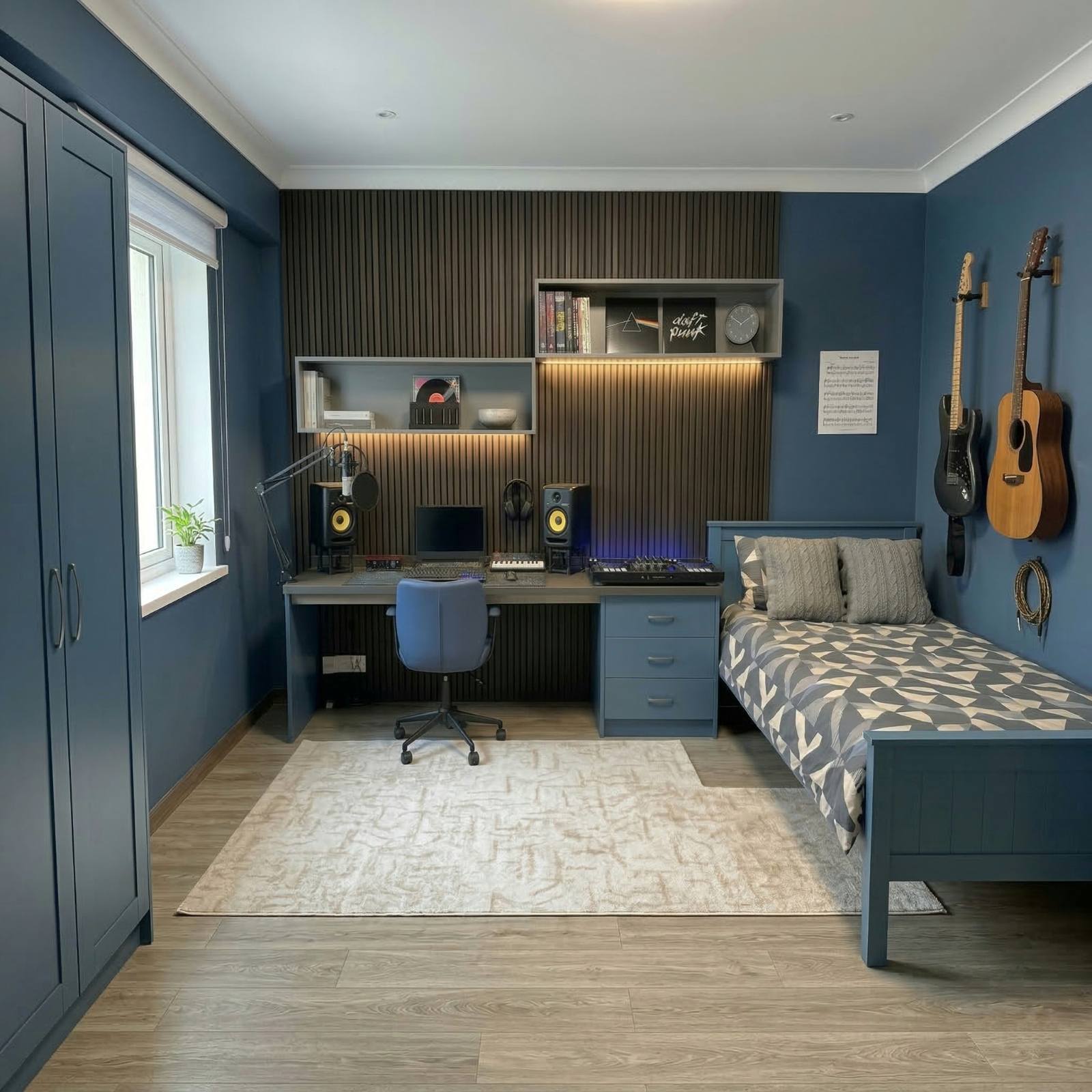 Modern bedroom with blue walls, a bed, desk, and guitars on the wall.