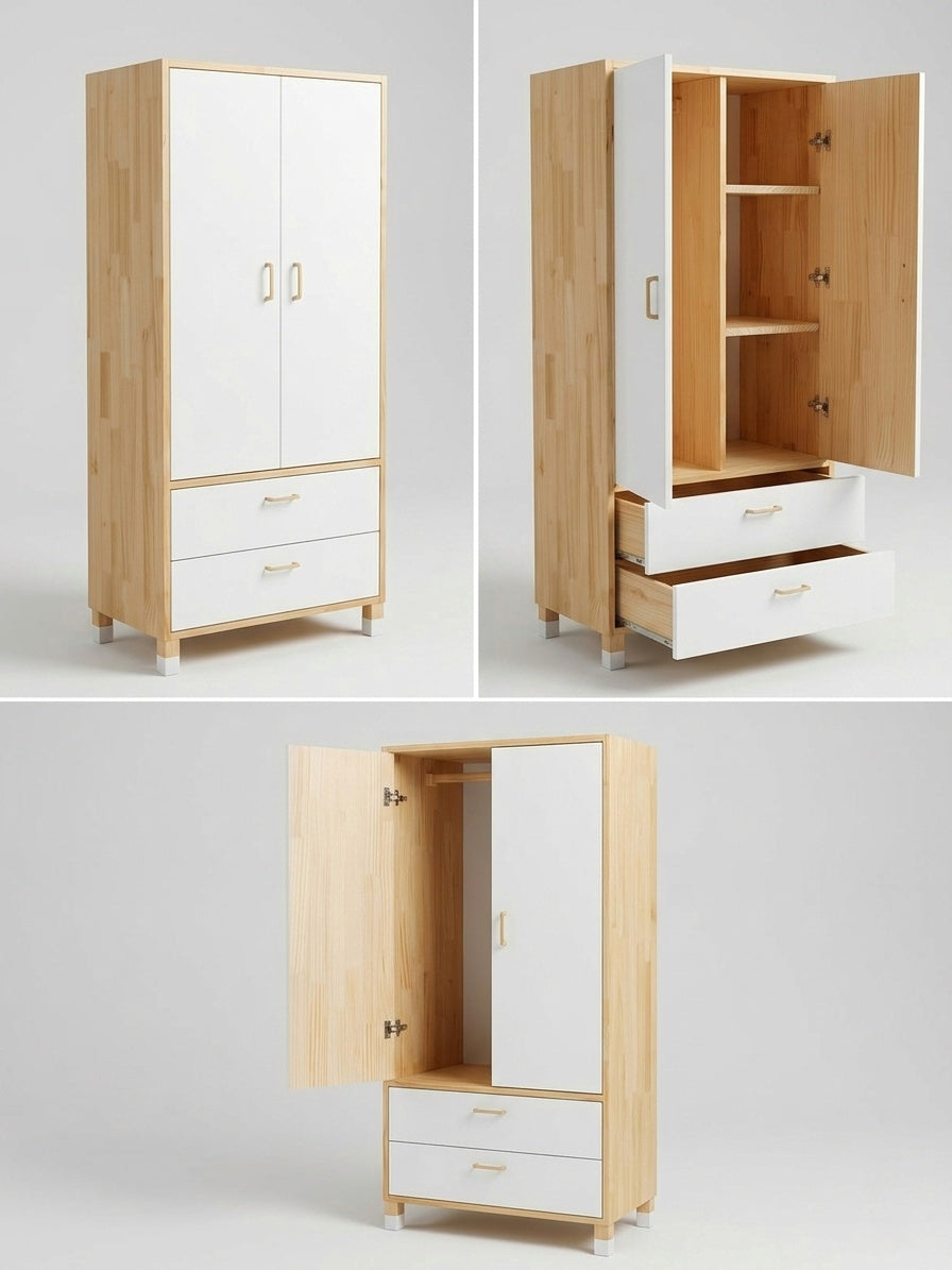 Wooden wardrobe with white doors and drawers on a gray background