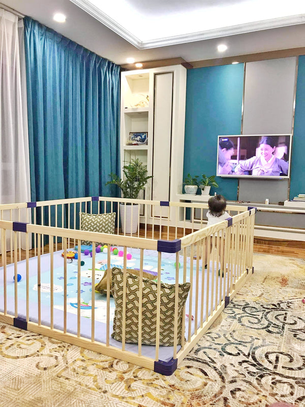 Child playing in a room with a baby gate, toys, and a TV.