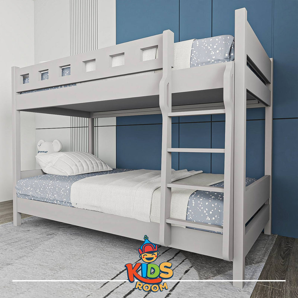 White bunk bed with blue accents in a room with a blue wall and wooden floor.