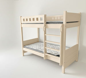 Beige bunk bed with gray mattresses on a white background