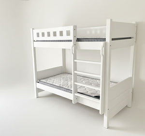 White bunk bed with gray mattress on a white background
