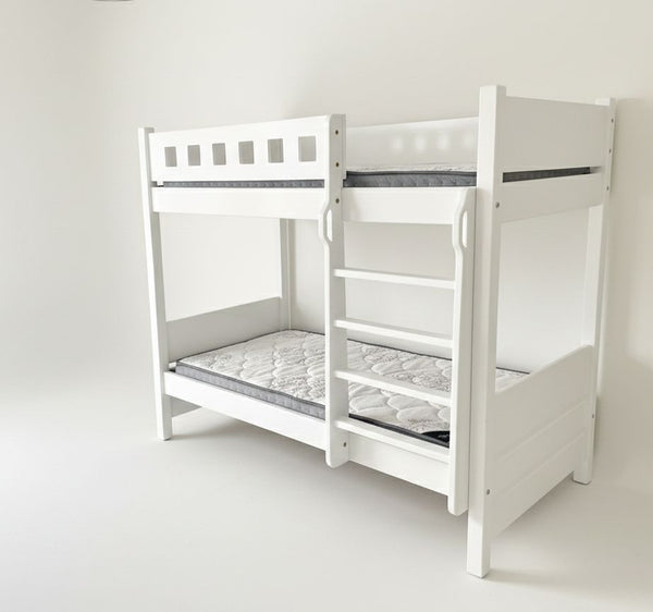 White bunk bed with gray mattress on a white background