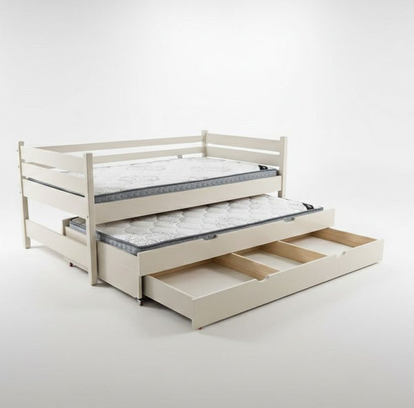 Beige bed with pull-out trundle and drawers on a white background