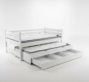 White bunk bed with pull-out trundle on a white background
