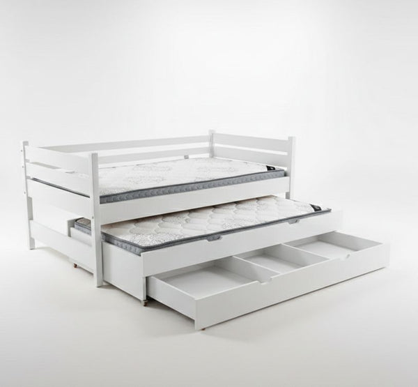 White bunk bed with pull-out trundle on a white background