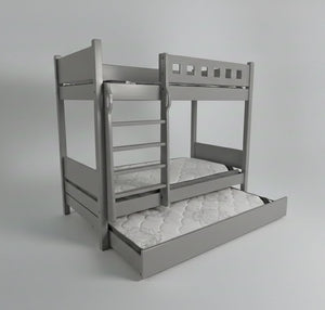 Gray bunk bed with a ladder on a light gray background