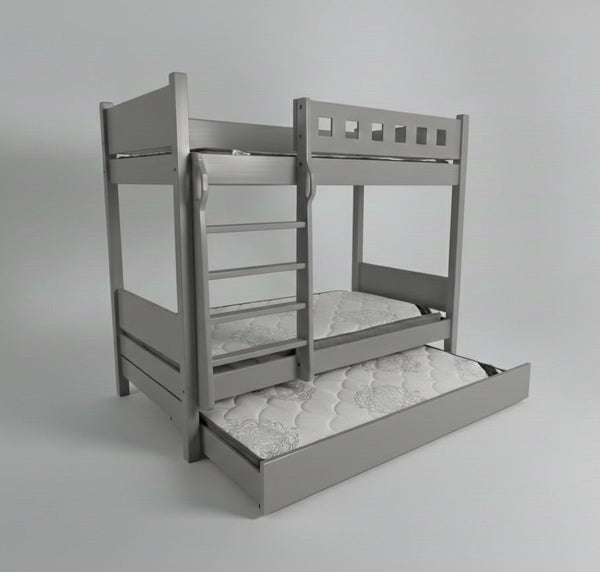 Gray bunk bed with a ladder on a light gray background