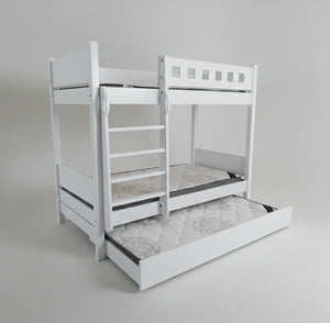 White bunk bed with two mattresses on a gray background