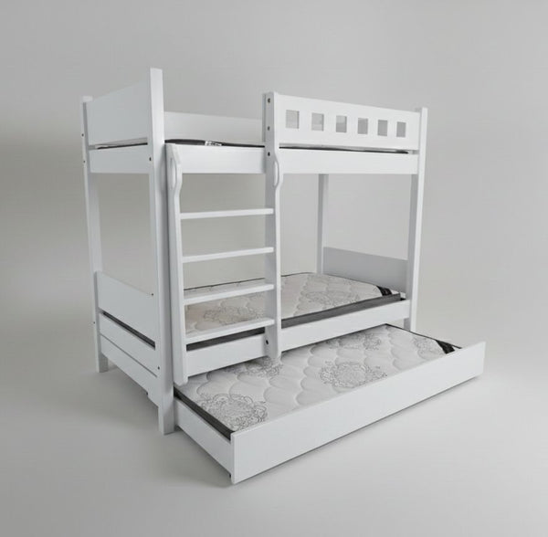 White bunk bed with two mattresses on a gray background