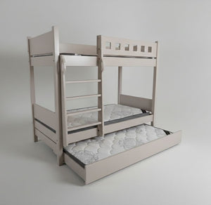 Bunk bed with pull-out trundle on a gray background