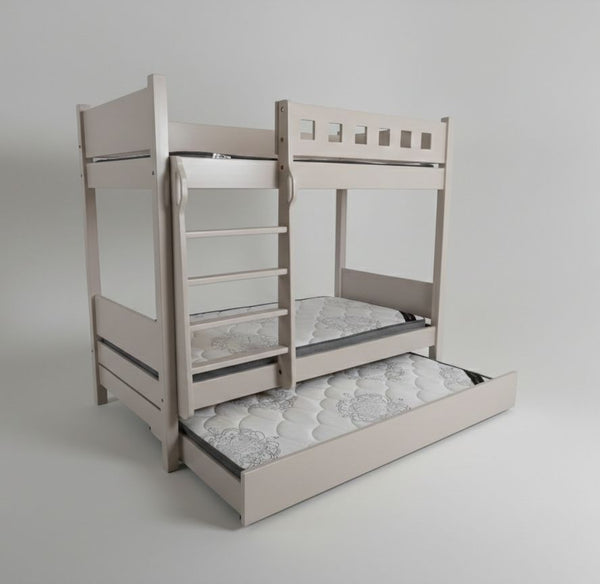 Bunk bed with pull-out trundle on a gray background