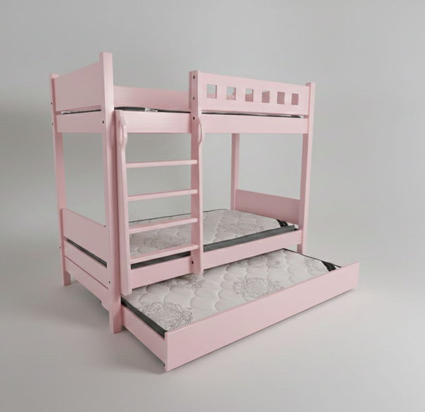 Pink bunk bed with a ladder on a gray background