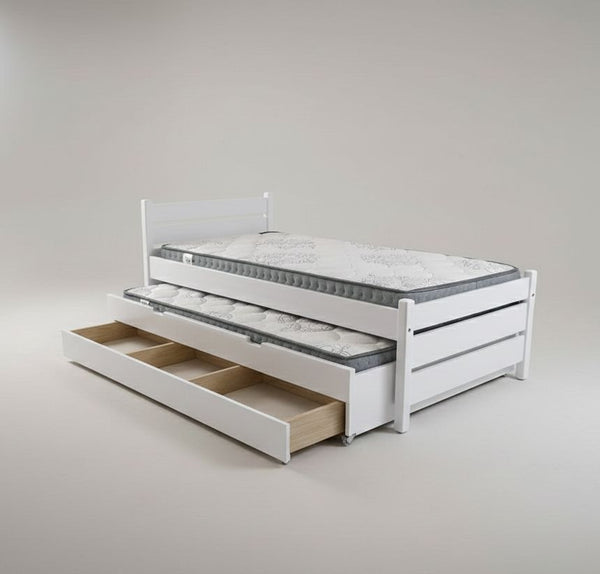 White bed frame with pull-out trundle on a plain background