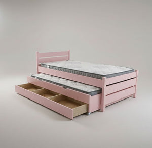 Pink bed with trundle and mattress on a gray background