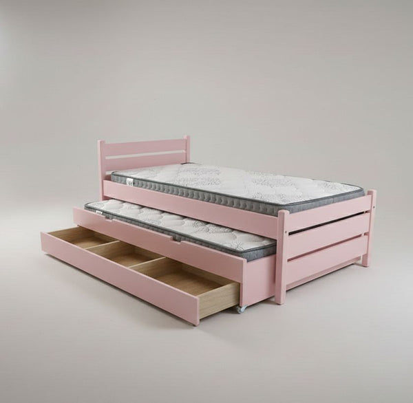 Pink bed with trundle and mattress on a gray background