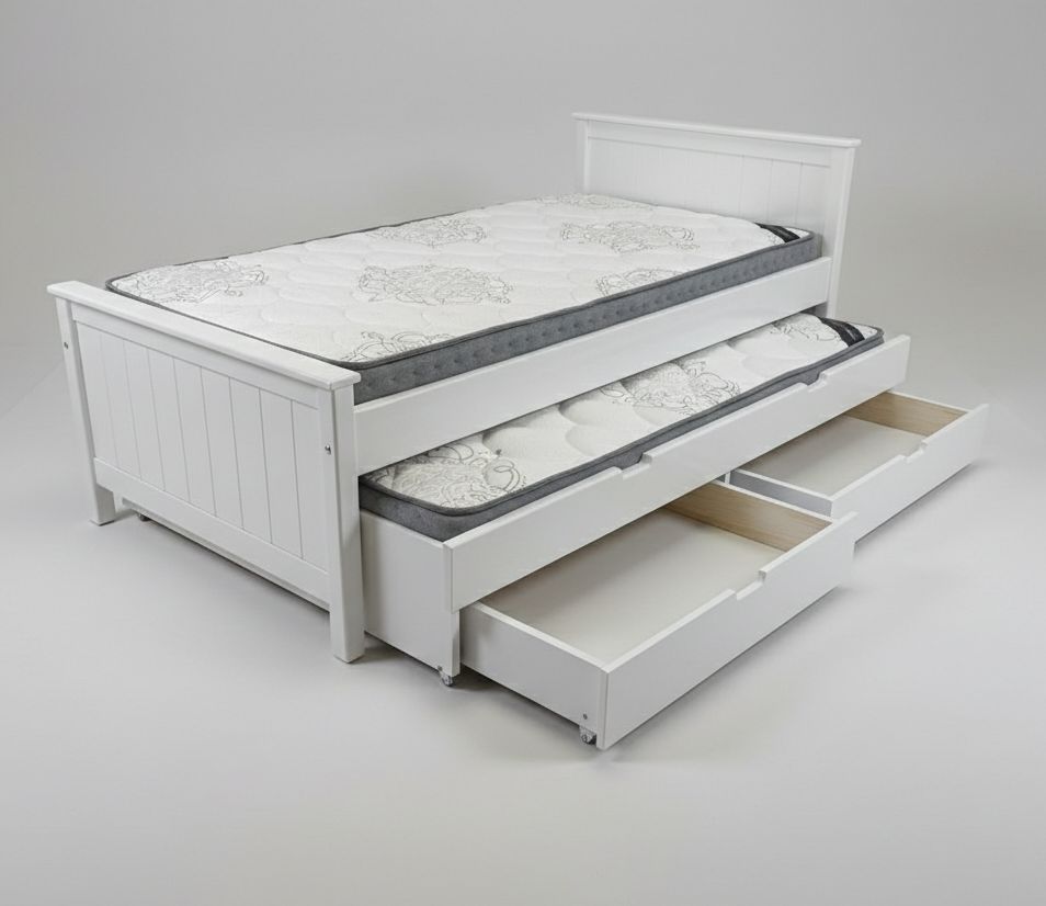 Children's bed with pull-out drawer in a room setting, featuring a 'Kids Room' brand logo.