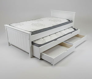 White bed frame with storage drawers on a plain background