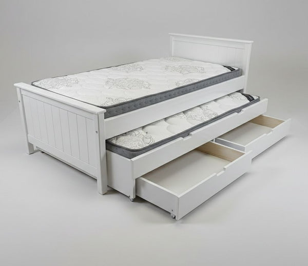 White bed frame with storage drawers on a plain background