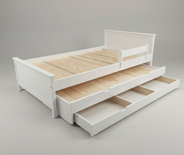 White bed with wooden slats and open drawers on a gray background
