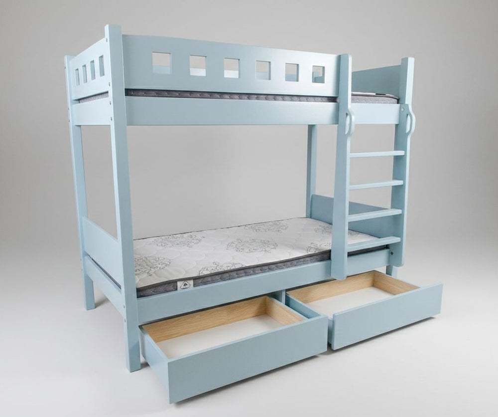Gray bunk bed with drawers on a white background
