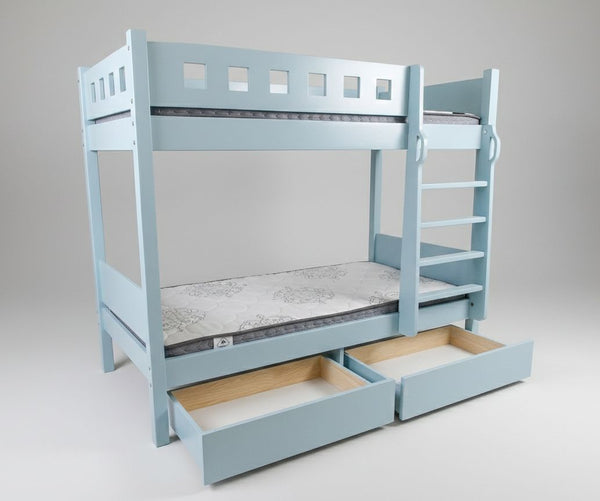 Light blue bunk bed with drawers on a gray background