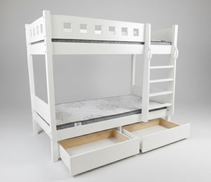 White bunk bed with storage drawers on a gray background