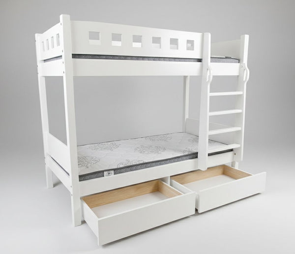 White bunk bed with storage drawers on a gray background