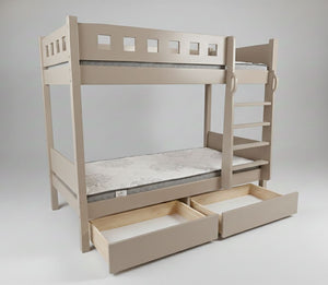 Beige bunk bed with drawers on a white background