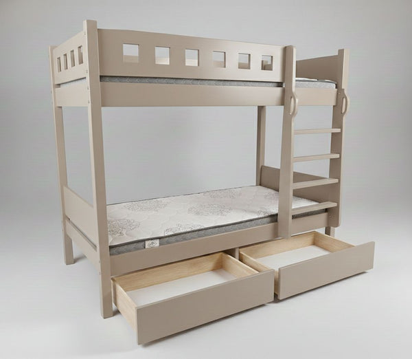 Beige bunk bed with drawers on a white background