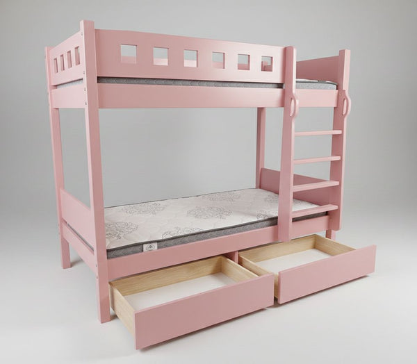 Pink bunk bed with a ladder and drawers on a gray background