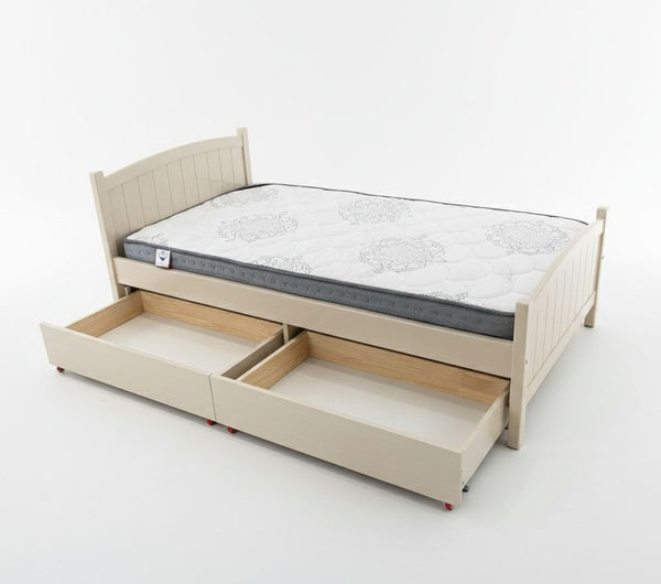 Wooden bed frame with open drawers and mattress on a white background