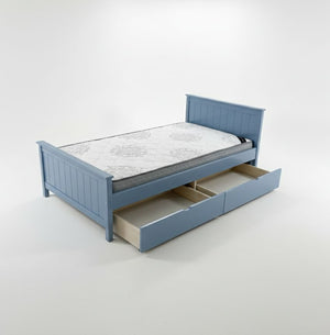 Blue bed frame with storage drawers on a white background