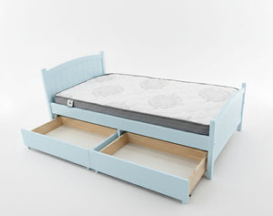 Light blue bed frame with open drawers and a mattress on a white background