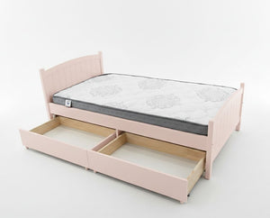 Pink bed frame with a mattress and storage drawers on a white background