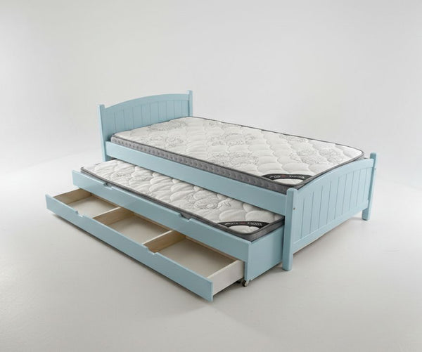 Light blue bed with pull-out trundle on a white background