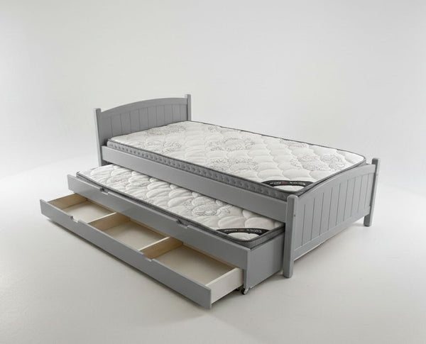 Gray bed with pull-out trundle on a white background