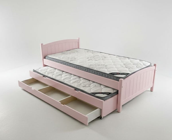 Pink bed frame with a mattress and storage drawers on a white background