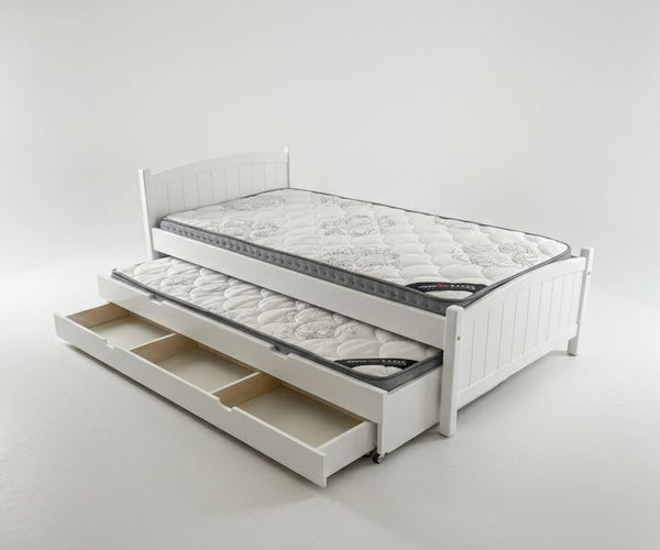 White bed frame with two mattresses and open drawers on a white background