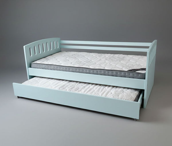 Light blue bed with a pull-out trundle on a gray background